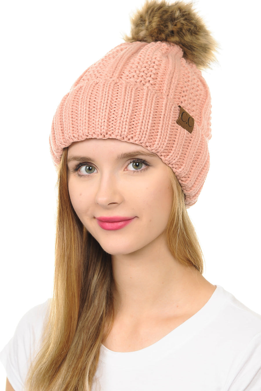 C.C YJ820 - Thick Cable Knit Hat Faux Fur Pom Pom Fleece Lined Skull Cap Cuff Beanie YJ820