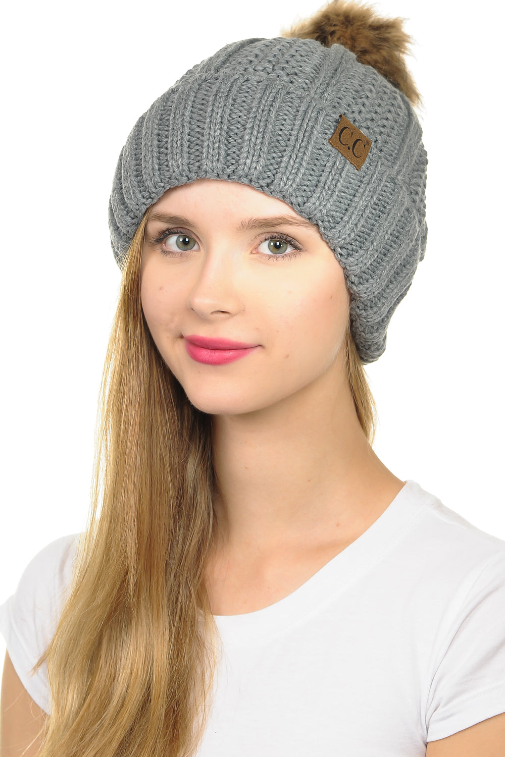 C.C YJ820 - Thick Cable Knit Hat Faux Fur Pom Pom Fleece Lined Skull Cap Cuff Beanie