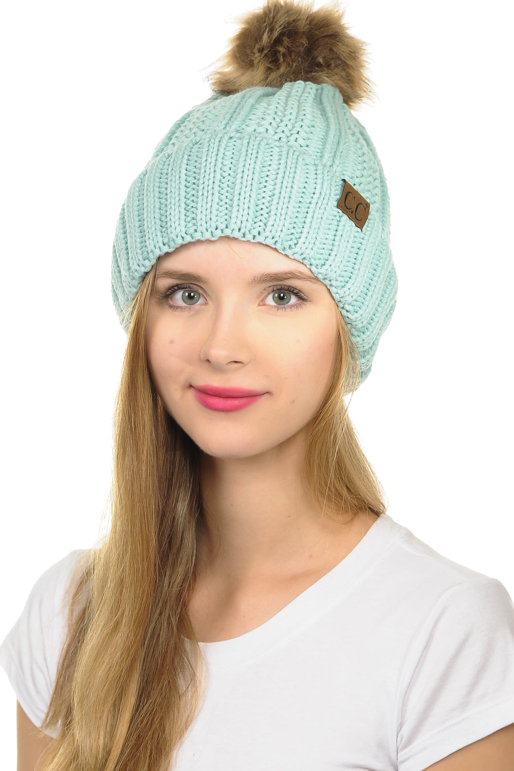 C.C YJ820 - Thick Cable Knit Hat Faux Fur Pom Pom Fleece Lined Skull Cap Cuff Beanie YJ820