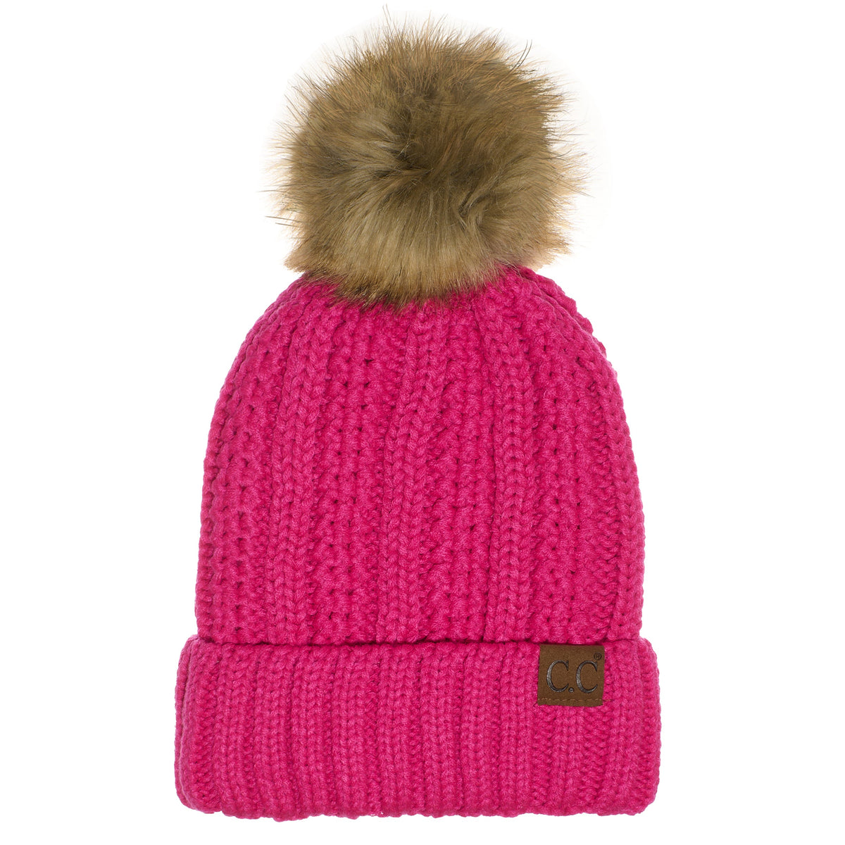 C.C YJ820 - Thick Cable Knit Hat Faux Fur Pom Pom Fleece Lined Skull Cap Cuff Beanie