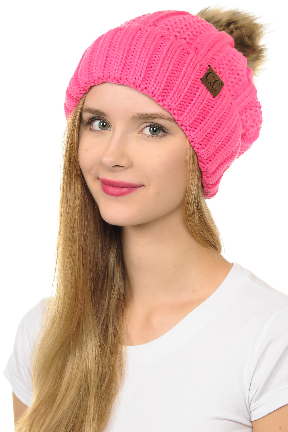 C.C YJ820 - Thick Cable Knit Hat Faux Fur Pom Pom Fleece Lined Skull Cap Cuff Beanie YJ820