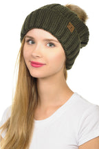 C.C YJ820 - Thick Cable Knit Hat Faux Fur Pom Pom Fleece Lined Skull Cap Cuff Beanie YJ820