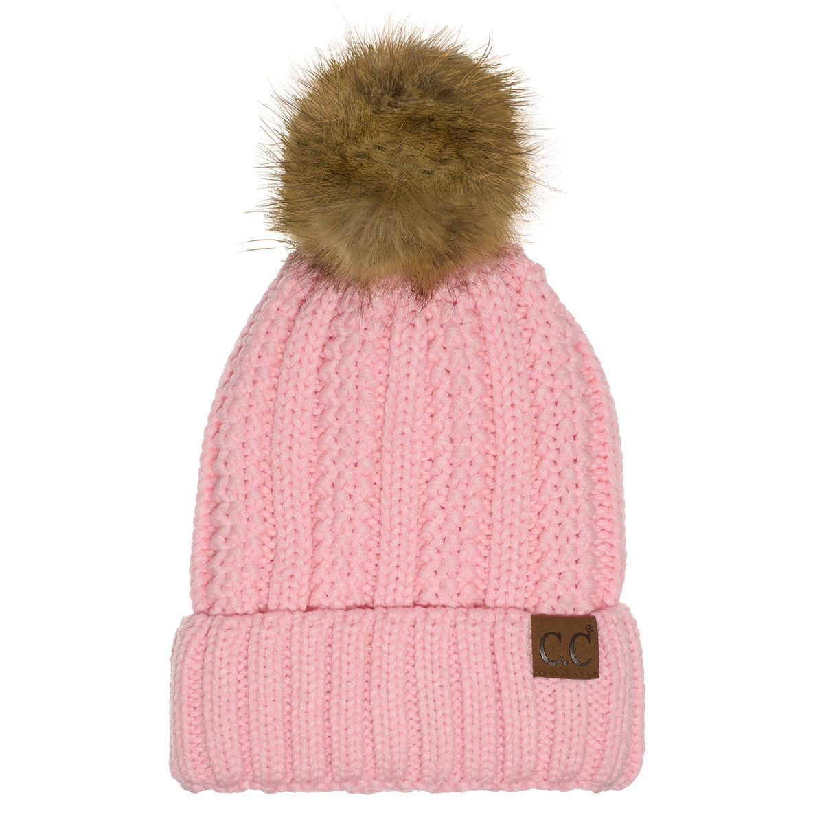 C.C YJ820 - Thick Cable Knit Hat Faux Fur Pom Pom Fleece Lined Skull Cap Cuff Beanie