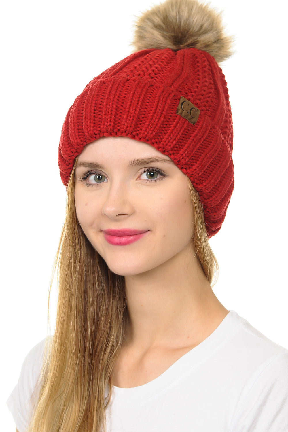 C.C YJ820 - Thick Cable Knit Hat Faux Fur Pom Pom Fleece Lined Skull Cap Cuff Beanie
