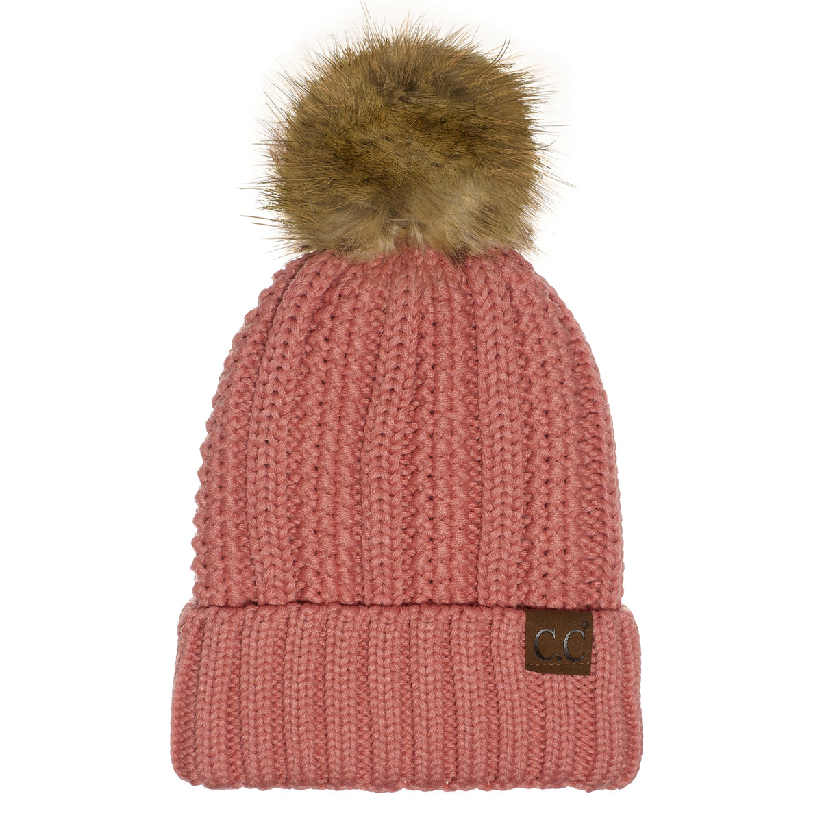 C.C YJ820 - Thick Cable Knit Hat Faux Fur Pom Pom Fleece Lined Skull Cap Cuff Beanie