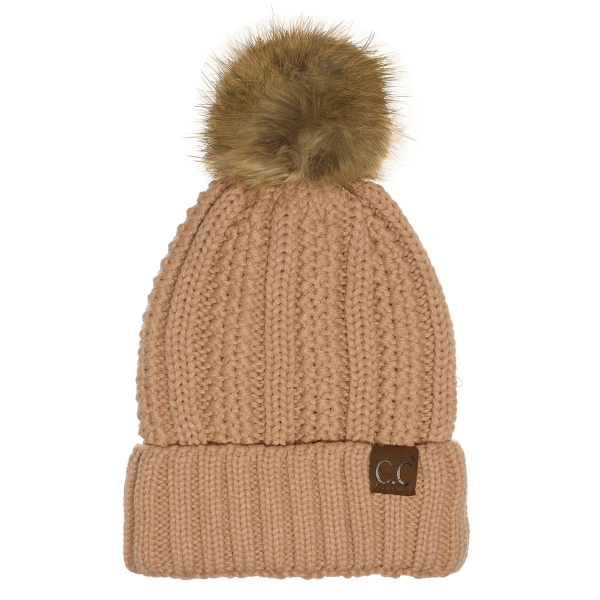 C.C YJ820 - Thick Cable Knit Hat Faux Fur Pom Pom Fleece Lined Skull Cap Cuff Beanie