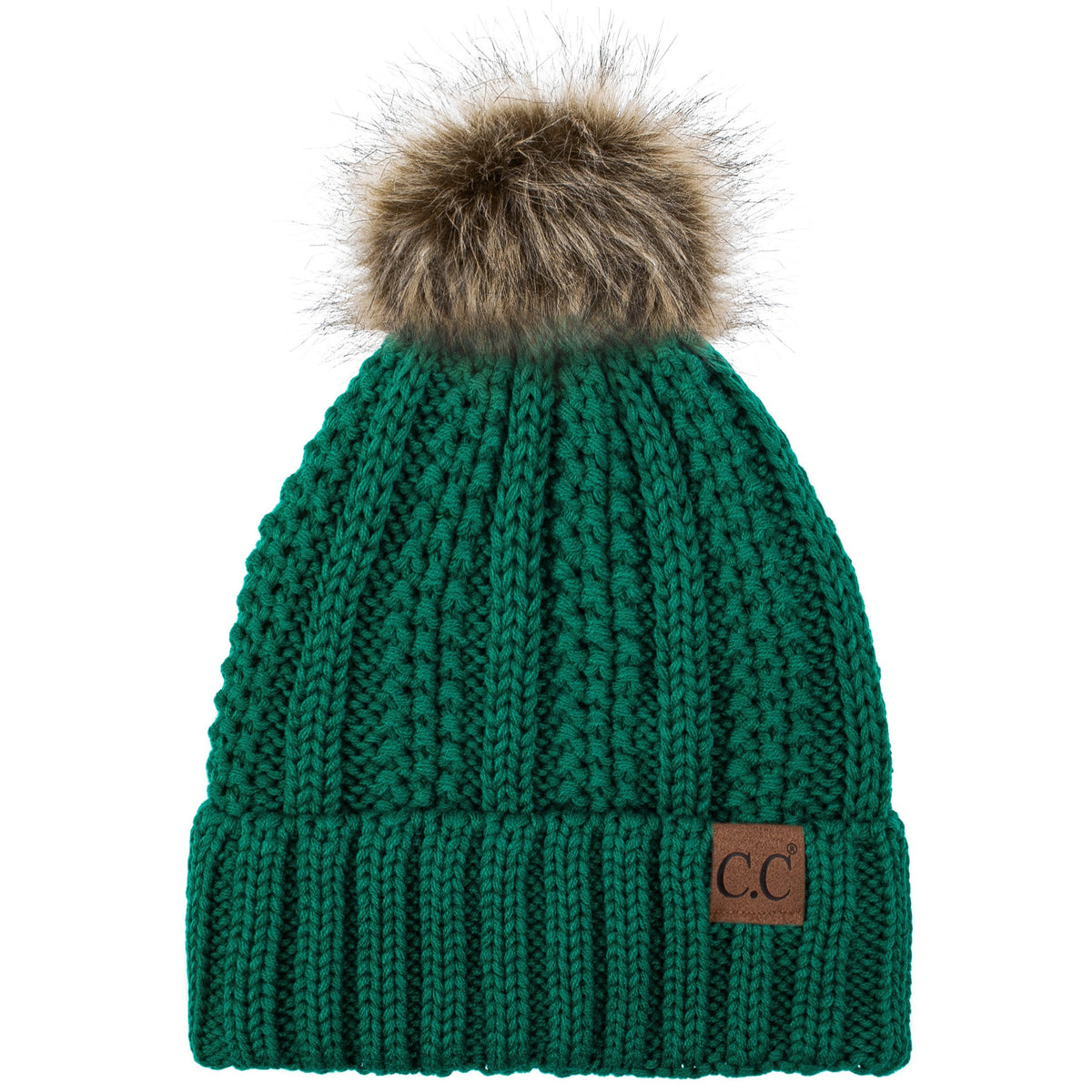 C.C YJ820 - Thick Cable Knit Hat Faux Fur Pom Pom Fleece Lined Skull Cap Cuff Beanie