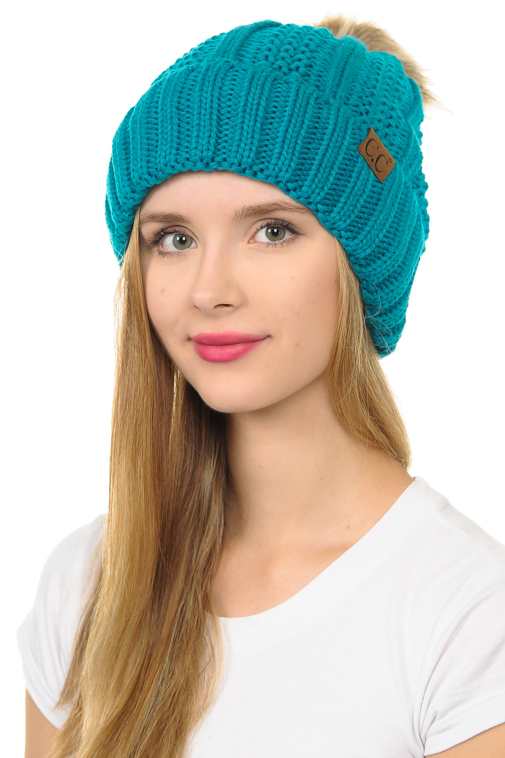 C.C YJ820 - Thick Cable Knit Hat Faux Fur Pom Pom Fleece Lined Skull Cap Cuff Beanie YJ820