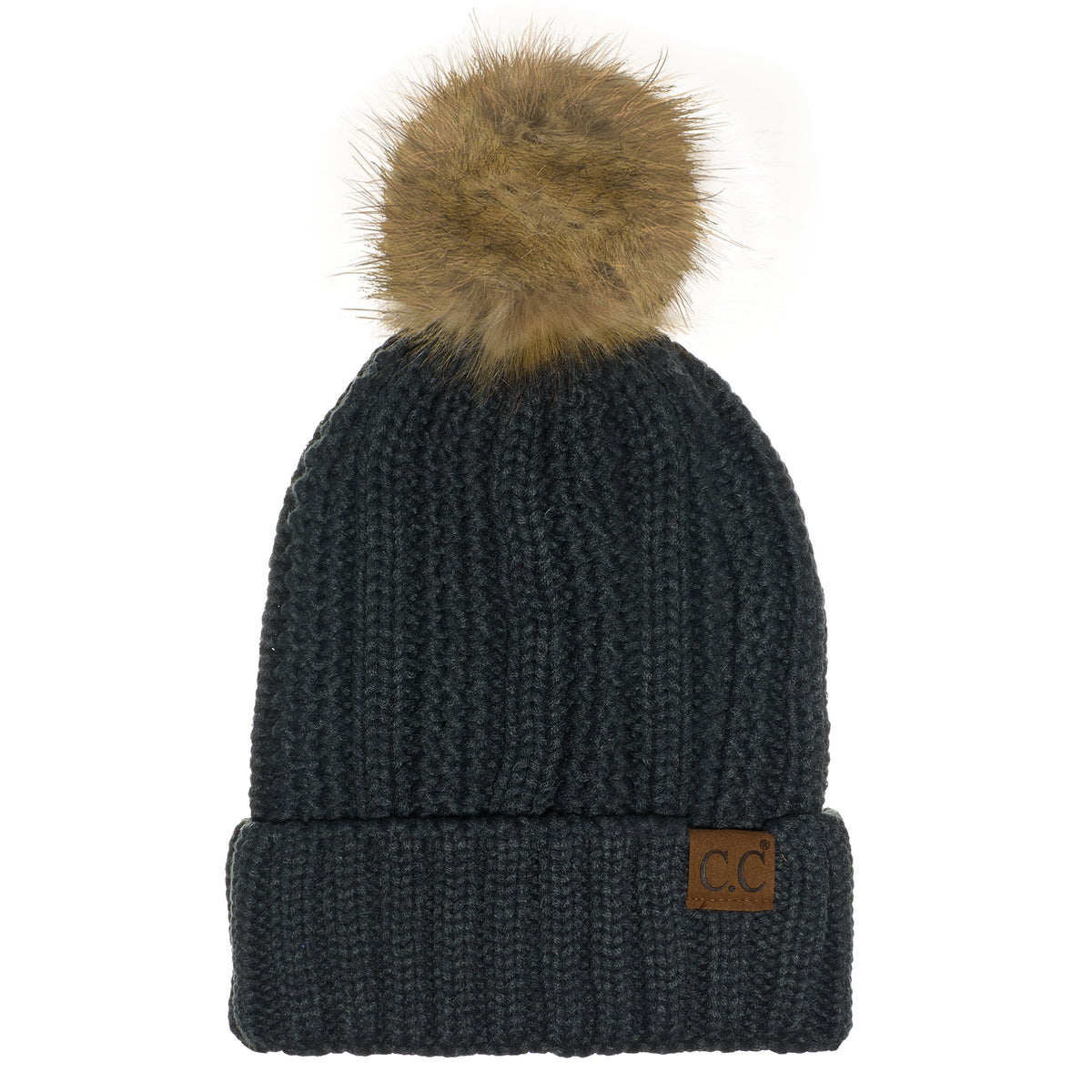 C.C YJ820 - Thick Cable Knit Hat Faux Fur Pom Pom Fleece Lined Skull Cap Cuff Beanie