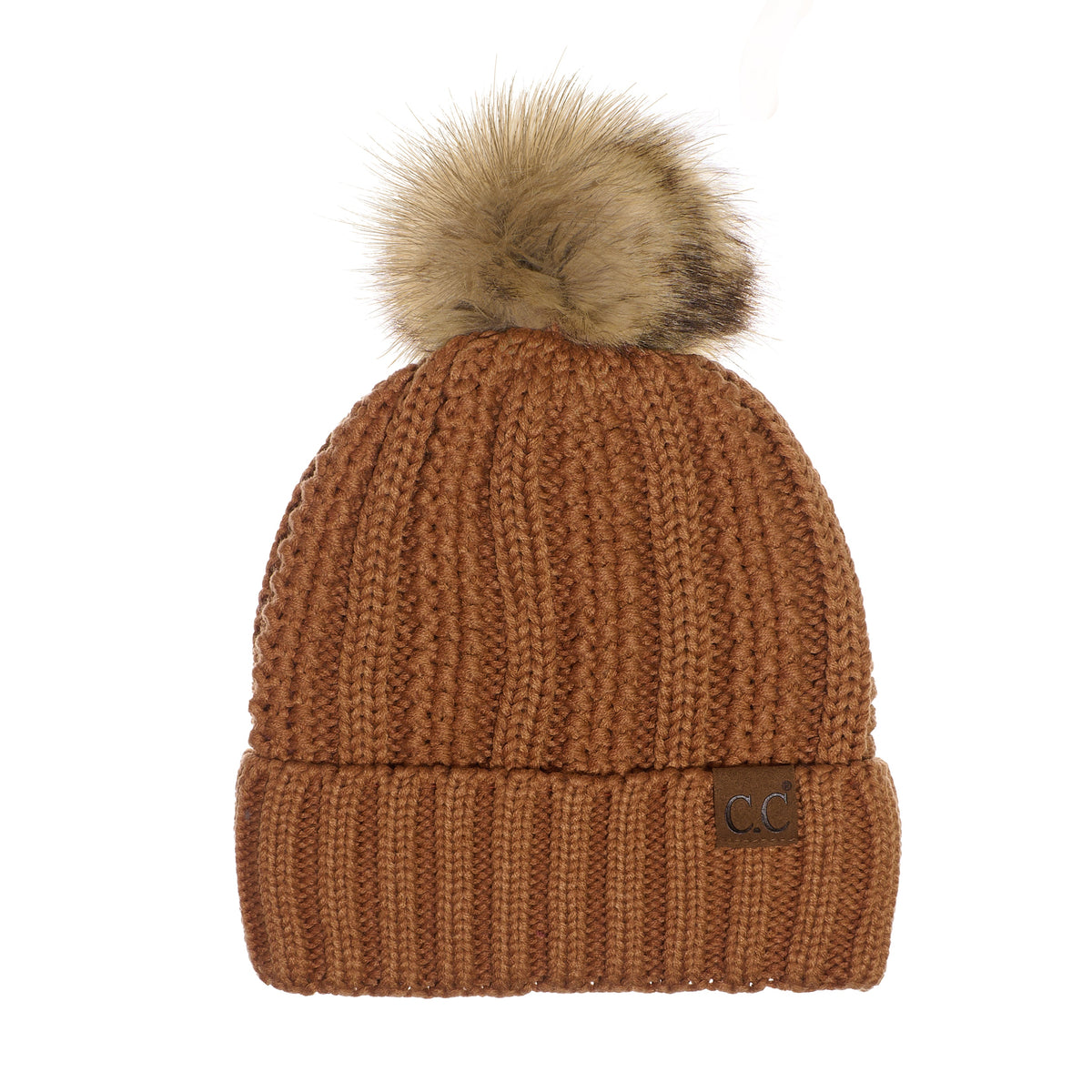 C.C YJ820 - Thick Cable Knit Hat Faux Fur Pom Pom Fleece Lined Skull Cap Cuff Beanie