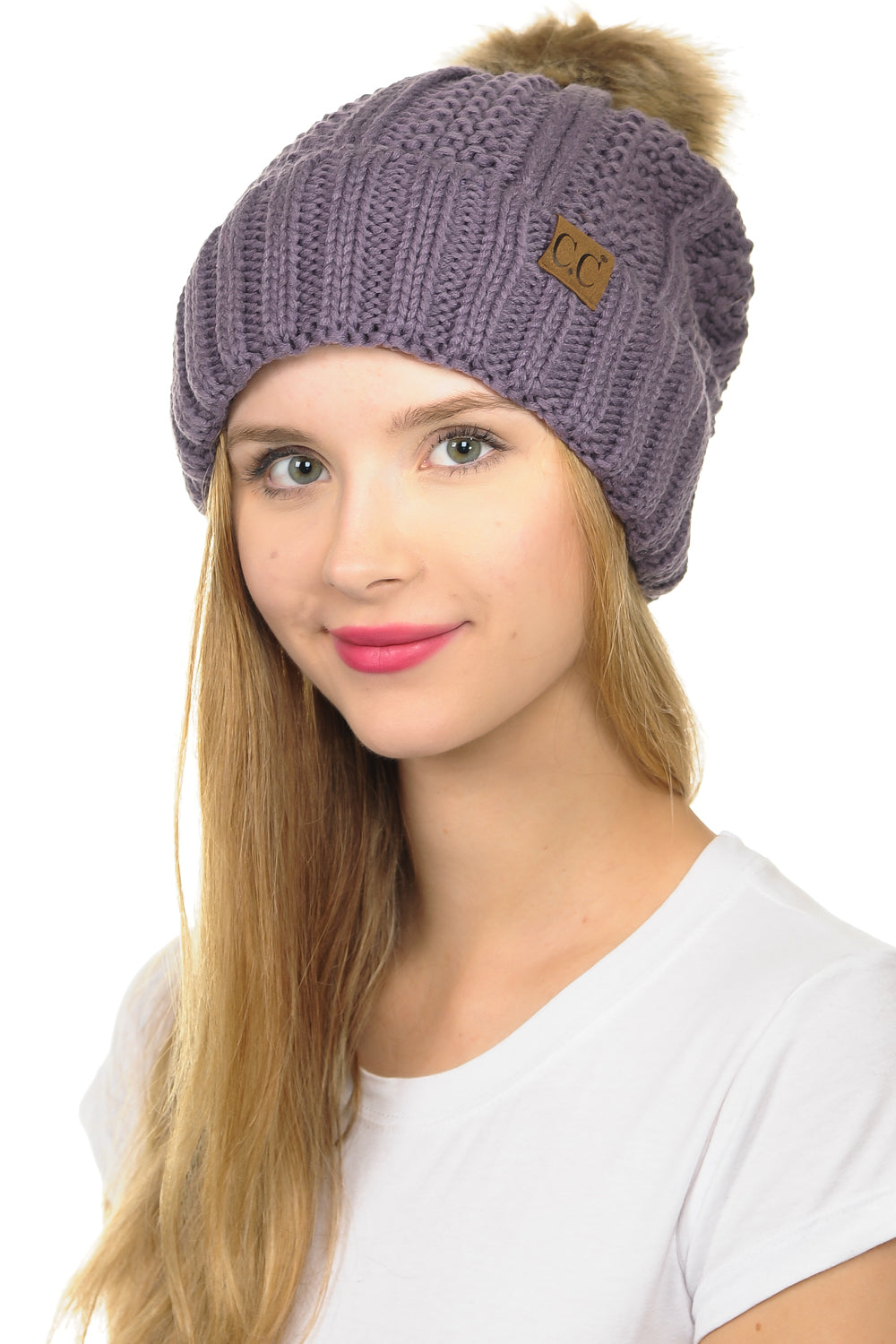 C.C YJ820 - Thick Cable Knit Hat Faux Fur Pom Pom Fleece Lined Skull Cap Cuff Beanie