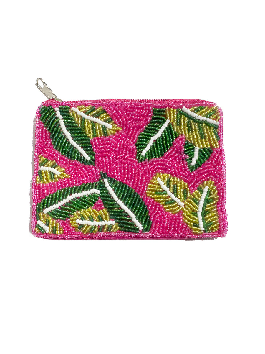 Green Leaves Mini Beaded Coin Pouch LAC-MP-019