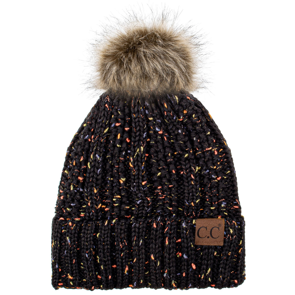 C.C YJ820 - Thick Cable Knit Hat Faux Fur Pom Pom Fleece Lined Skull Cap Cuff Beanie YJ820