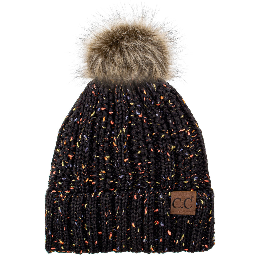 C.C YJ820 - Thick Cable Knit Hat Faux Fur Pom Pom Fleece Lined Skull Cap Cuff Beanie YJ820
