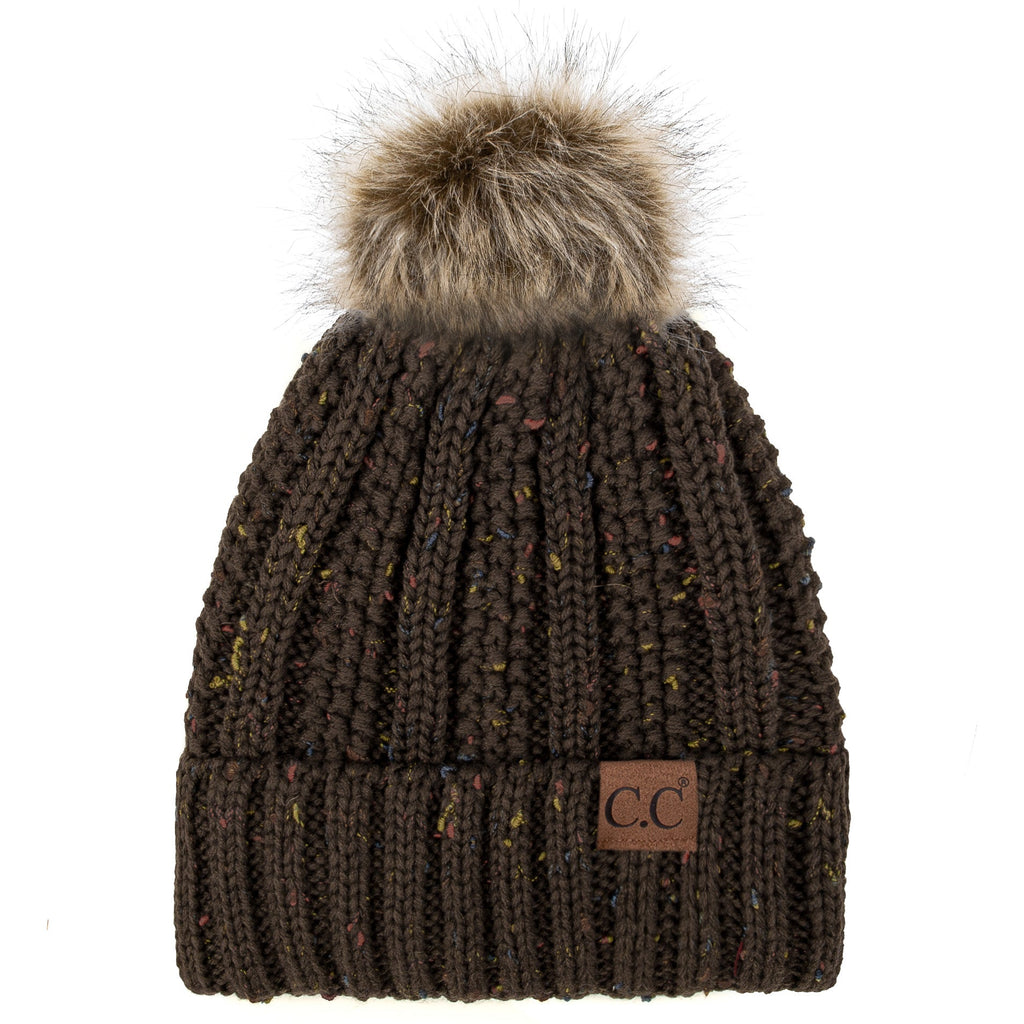 C.C YJ820 - Thick Cable Knit Hat Faux Fur Pom Pom Fleece Lined Skull Cap Cuff Beanie YJ820