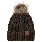 C.C YJ820 - Thick Cable Knit Hat Faux Fur Pom Pom Fleece Lined Skull Cap Cuff Beanie YJ820