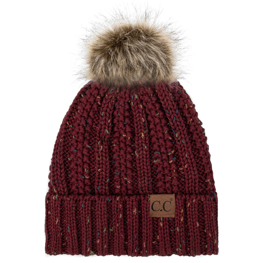 C.C YJ820 - Thick Cable Knit Hat Faux Fur Pom Pom Fleece Lined Skull Cap Cuff Beanie YJ820