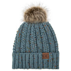 C.C YJ820 - Thick Cable Knit Hat Faux Fur Pom Pom Fleece Lined Skull Cap Cuff Beanie YJ820