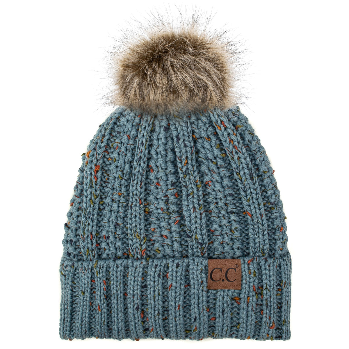 C.C YJ820 - Thick Cable Knit Hat Faux Fur Pom Pom Fleece Lined Skull Cap Cuff Beanie YJ820