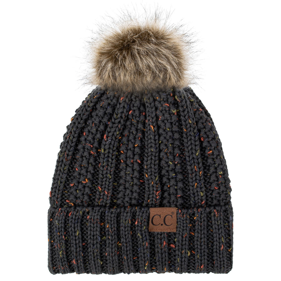 C.C YJ820 - Thick Cable Knit Hat Faux Fur Pom Pom Fleece Lined Skull Cap Cuff Beanie YJ820
