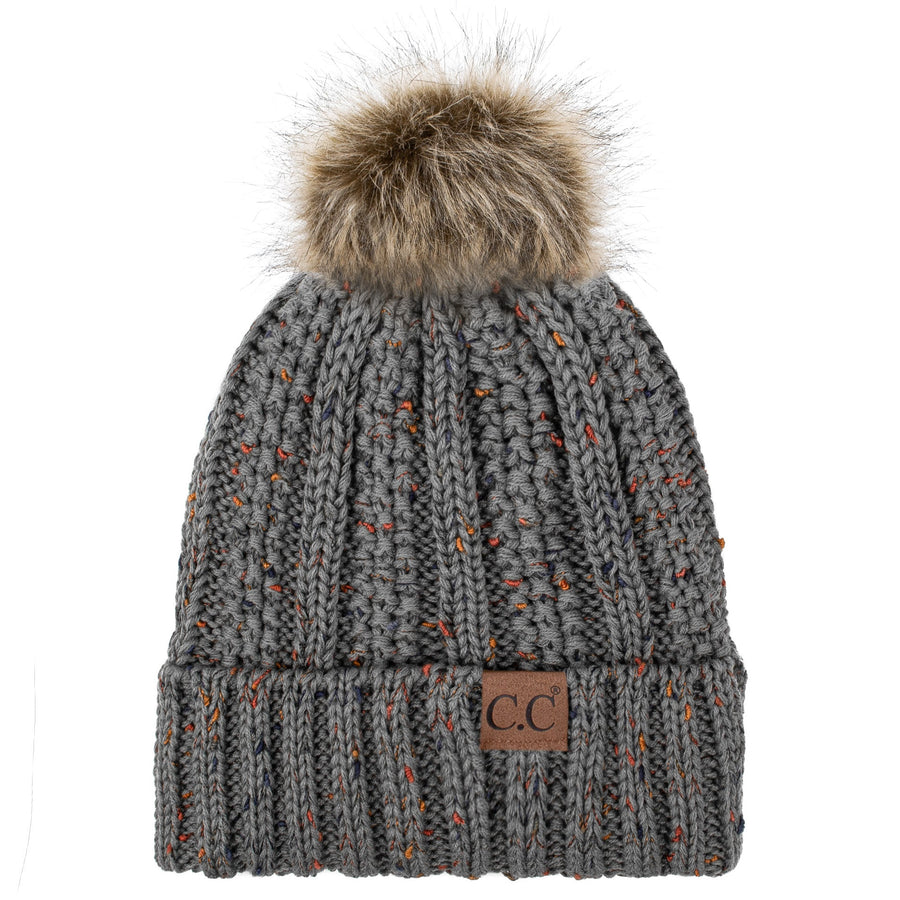 C.C YJ820 - Thick Cable Knit Hat Faux Fur Pom Pom Fleece Lined Skull Cap Cuff Beanie YJ820
