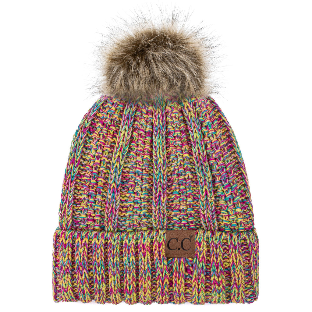 C.C YJ820 - Thick Cable Knit Hat Faux Fur Pom Pom Fleece Lined Skull Cap Cuff Beanie YJ820