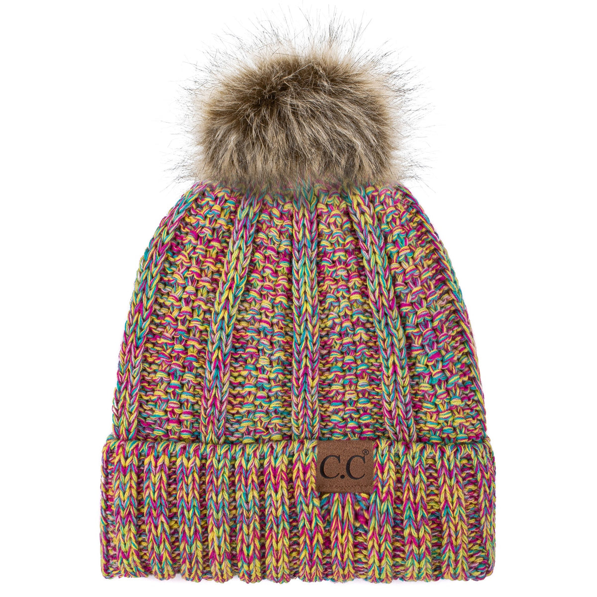 C.C YJ820 - Thick Cable Knit Hat Faux Fur Pom Pom Fleece Lined Skull Cap Cuff Beanie YJ820