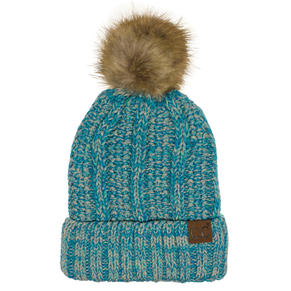C.C YJ820 - Thick Cable Knit Hat Faux Fur Pom Pom Fleece Lined Skull Cap Cuff Beanie YJ820