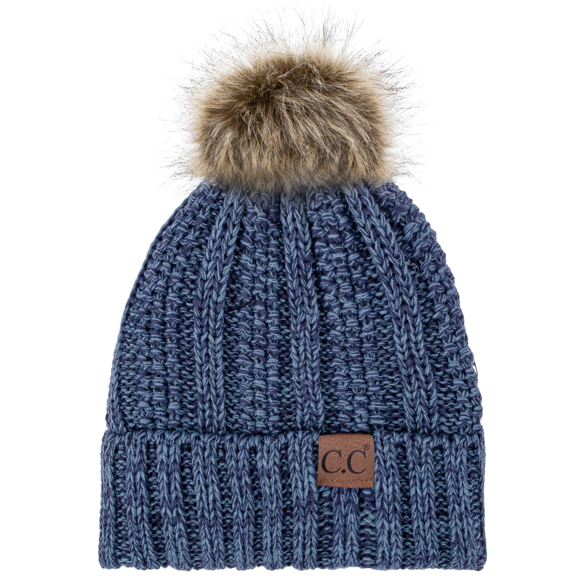 C.C YJ820 - Thick Cable Knit Hat Faux Fur Pom Pom Fleece Lined Skull Cap Cuff Beanie YJ820