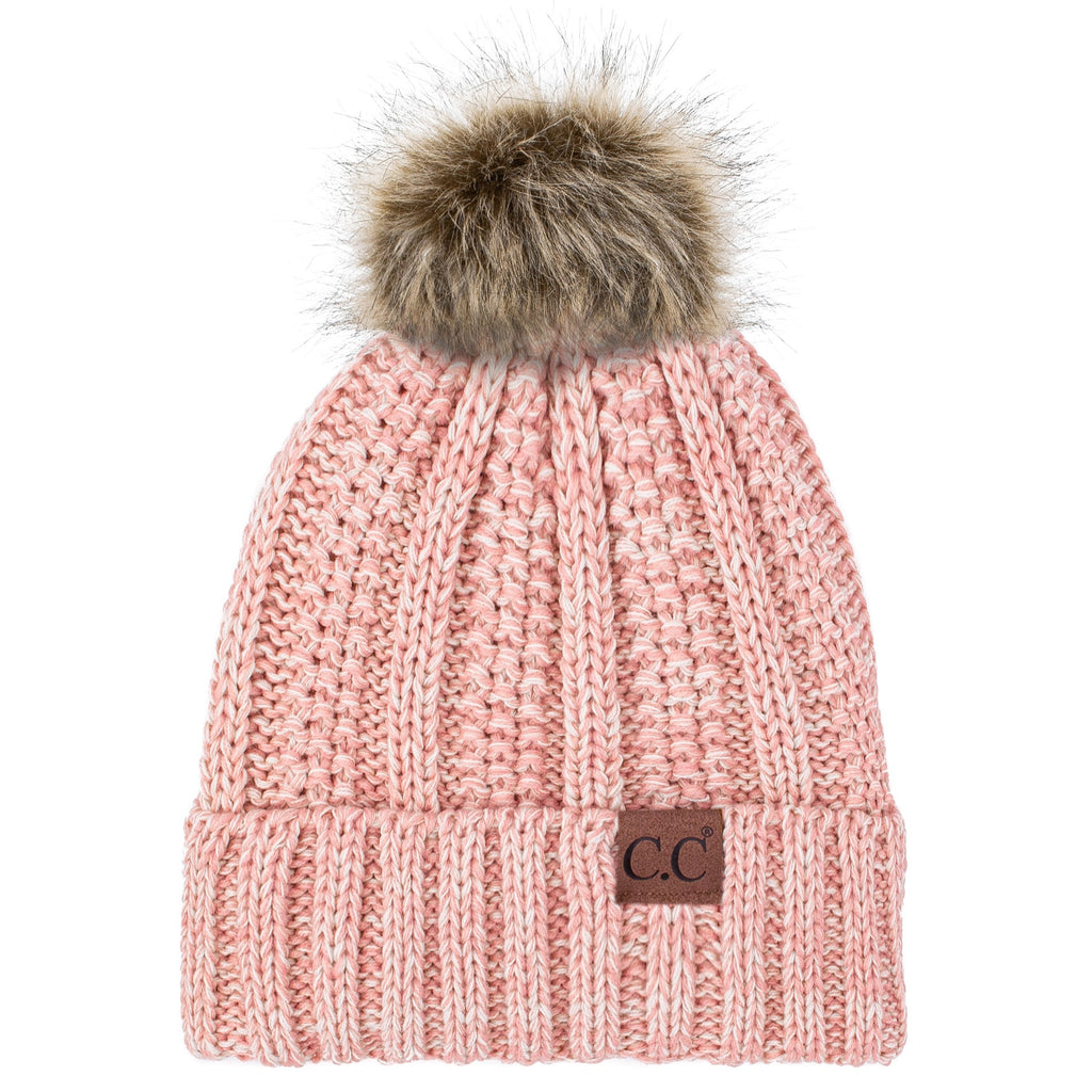 C.C YJ820 - Thick Cable Knit Hat Faux Fur Pom Pom Fleece Lined Skull Cap Cuff Beanie YJ820