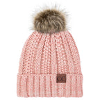 C.C YJ820 - Thick Cable Knit Hat Faux Fur Pom Pom Fleece Lined Skull Cap Cuff Beanie YJ820