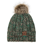 C.C YJ820 - Thick Cable Knit Hat Faux Fur Pom Pom Fleece Lined Skull Cap Cuff Beanie YJ820