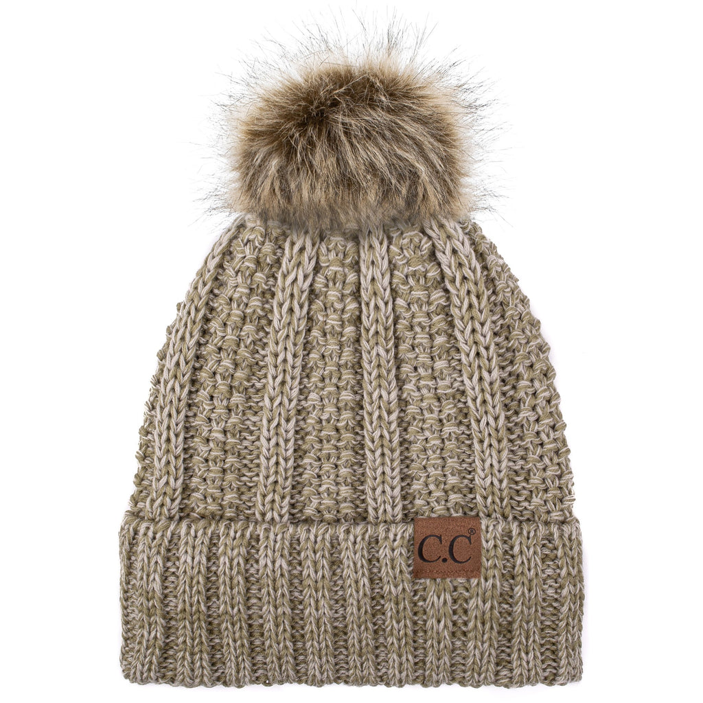 C.C YJ820 - Thick Cable Knit Hat Faux Fur Pom Pom Fleece Lined Skull Cap Cuff Beanie YJ820
