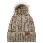 C.C YJ820 - Thick Cable Knit Hat Faux Fur Pom Pom Fleece Lined Skull Cap Cuff Beanie YJ820