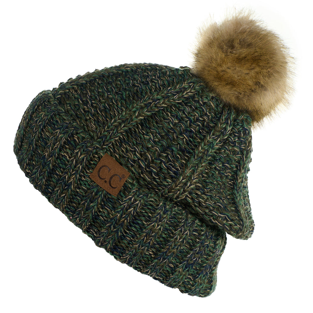 C.C YJ820 - Thick Cable Knit Hat Faux Fur Pom Pom Fleece Lined Skull Cap Cuff Beanie YJ820